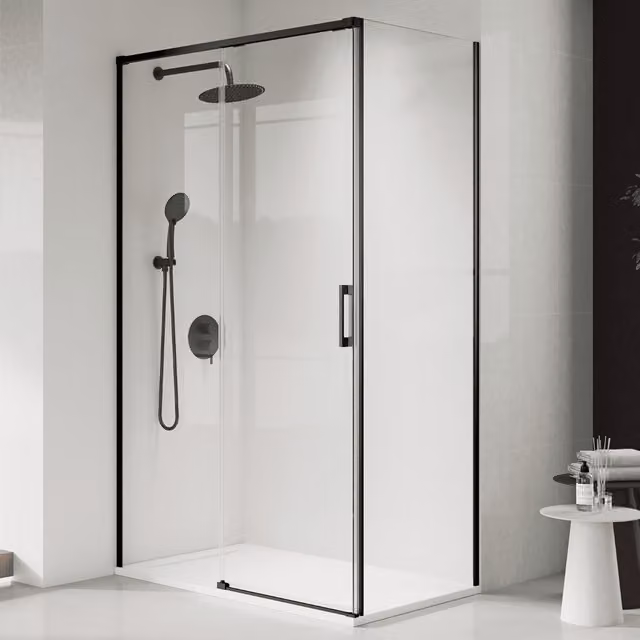 Mampara de ducha rectangular corredera BAÑO TOTAL transparente con perfil negro, An/P/Al: 150 x 80 x 195 cm