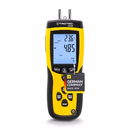 Anemómetro de tubo Pitot Trotec TA400 con certificado para aire y gases en color amarillo y transparente