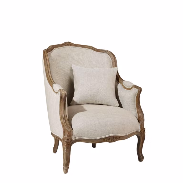 Sillón bergère clásico Robin des Bois en lino beige con estructura de madera maciza de caucho