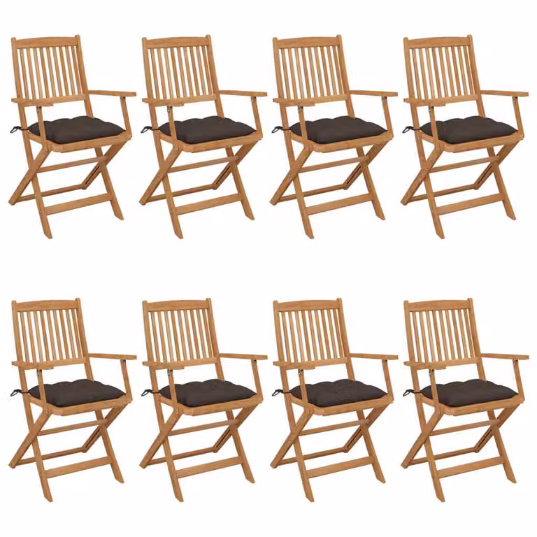 Set de 8 sillas de jardín plegables Syfax de madera de acacia con cojines en marrón y gris