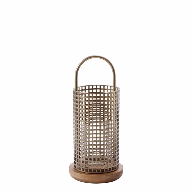 Farol de mesa Sia Deco en metal dorado con detalles de cristal y madera, Altura: 36 cm