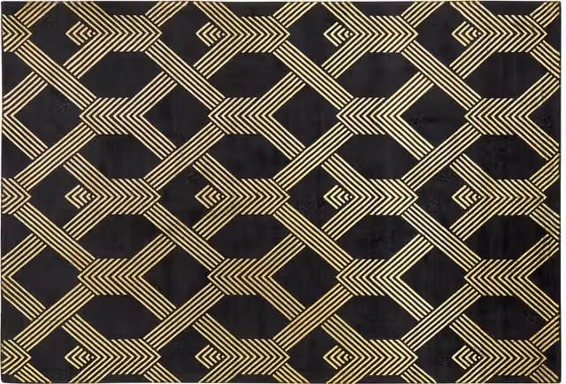 Alfombra Beliani Vekse de estilo moderno glamour con patrón geométrico en negro y dorado, fabricada en viscosa y algodón, An/P: 160 x 230 cm