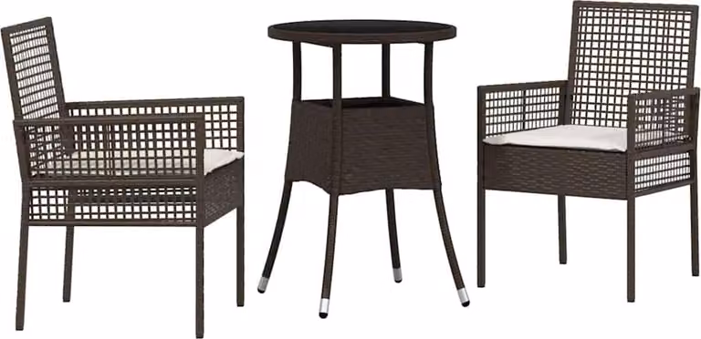 Conjunto de comedor de jardín Syfax de 3 piezas en ratán sintético marrón con mesa de cristal redonda y cojines resistentes a la intemperie