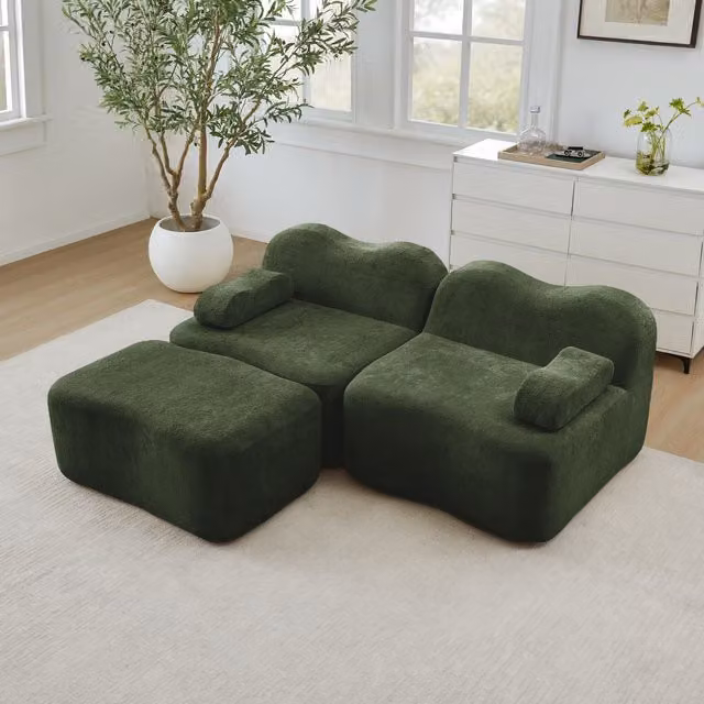 Sofá Modular de 2 Plazas HAUSS SPOLE en Terciopelo Verde con Reposapiés a Juego y Diseño Ondulado Moderno