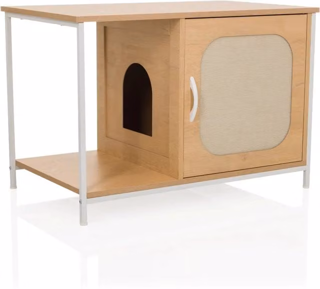 Casa para gatos KITTYHOME en color blanco y beige con juguetes integrados y sisal reemplazable