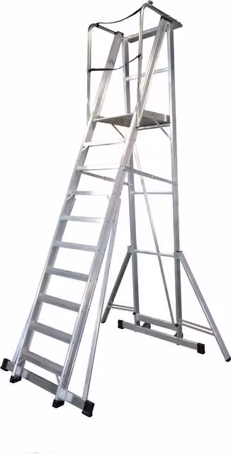 Escalera móvil plegable Kastle de 12 peldaños con plataforma de aluminio KTL color plata con bandeja y ruedas
