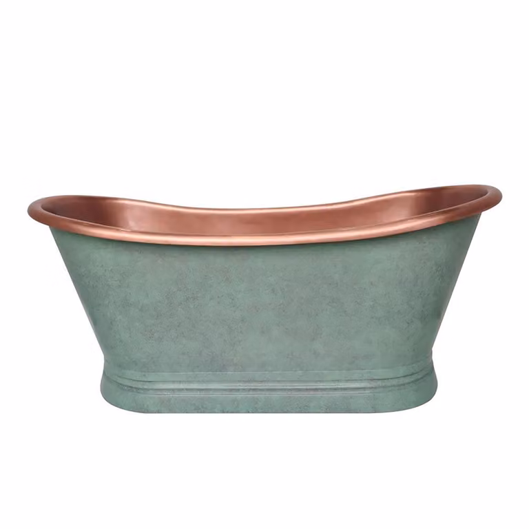 Bañera exenta ovalada de doble extremo Sienna de Hudson Reed en cobre con exterior verdigris, An/P/Al: 150 x 72,5 x 72,5 cm