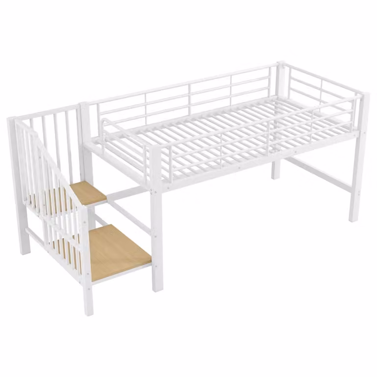 Cama semialta OKWISH blanca para niños con escalera y compartimentos laterales de MDF y metal, An/P/Al: 90 x 200 x 120 cm