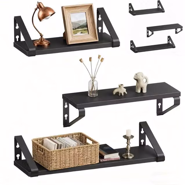 Estanterías de pared NORTHIX de estilo moderno en madera y metal, disponibles en 3 tamaños y color negro mate para tu salón, dormitorio o cocina