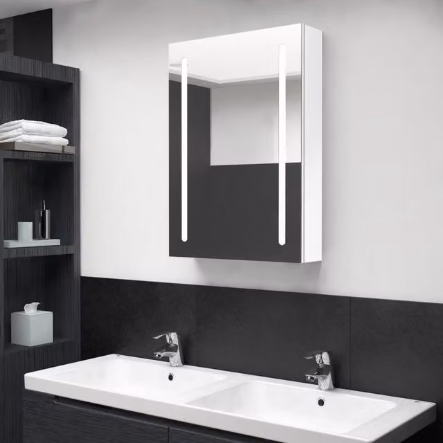 Armario de baño con espejo LED de vidaXL en blanco brillante, diseño moderno con puertas de cierre suave y estantes internos, An/P/Al: 50 x 13 x 70 cm