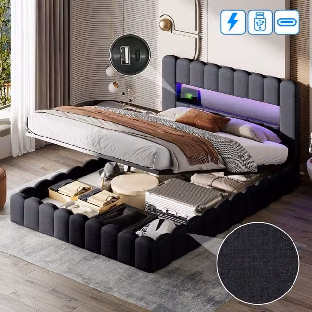 Cama con Canapé Abatible NAHILIMI Gris con Somier de Láminas, Cabecero, Iluminación LED Regulable y Puerto de Carga USB, An/P/Al: 160 x 200 cm