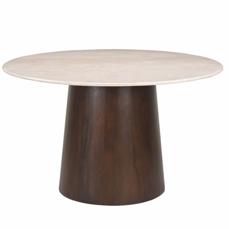 Mesa de comedor redonda MOLOO de mármol blanco y madera de mango para 4 personas, Diámetro: 130 cm