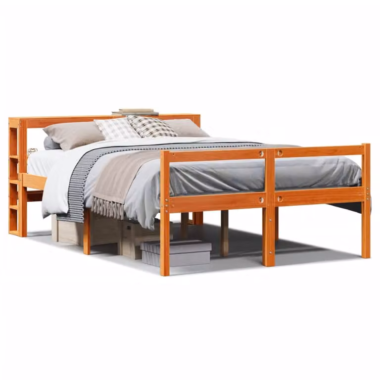 Estructura de cama con cabecero de madera de pino de vidaXL, color marrón con acabado encerado, An/P/Al: 140 x 190 cm