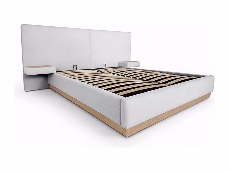 Cama con canapé abatible y mesitas de noche Maison Céphy en color beige y tejido texturizado de 180 x 200 cm