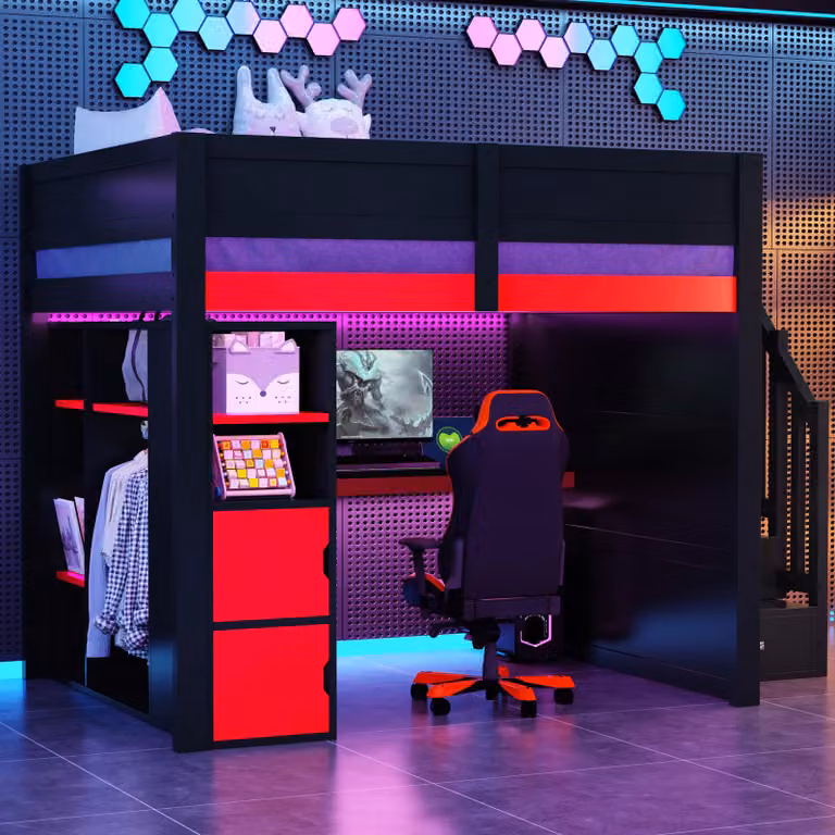 Cama alta de madera MODFU para jóvenes en color rojo con escritorio, almacenamiento integrado, iluminación LED y puerto USB, An/P/Al: 200 x 140 x 170 cm