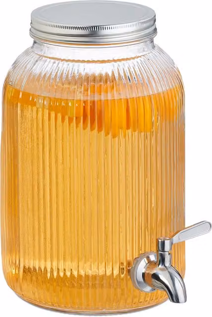 Dispensador de bebidas de vidrio y acero inoxidable relaxdays de 4 l, transparente y plateado, An/P/Al: 25,5 x 15 x 22 cm