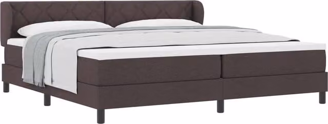Cama tipo box spring SYFAX de color marrón con estructura de madera y tapizado de tela, An/P: 200 x 200 cm