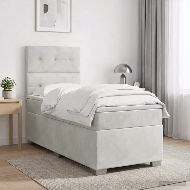 Cama box spring con colchón híbrida Maison Exclusive en terciopelo gris claro, An/P: 90 x 190 cm