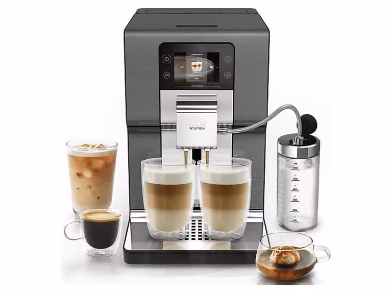 Cafetera superautomática Krups Intuition Experience Hot&Cold con pantalla táctil, 36 recetas y jarra de leche, color negro y plata con acabado metálico
