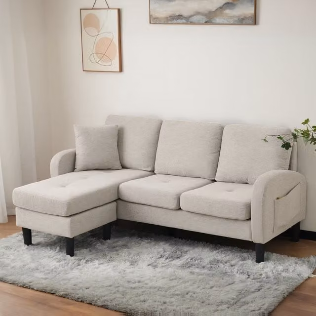 Sofá Esquinero de 3 Plazas KELLANY con Chaise Longue Reversible en Tejido de Lino y Algodón, An/P/Al: 166 x 118 x 77 cm