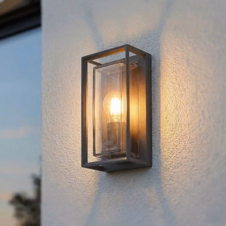Aplique de exterior Ismera Arcchio con sensor de movimiento y regulable, negro, aluminio y cristal, diseño moderno para jardín