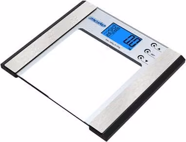 Báscula de baño digital Mesko MS8146 con análisis corporal e IMC, fabricada en vidrio templado y acero inoxidable, color plata, capacidad hasta 180 kg