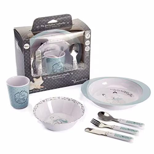 Set de vajilla de melamina Thermobaby multicolor con diseños en verde y gris para niños