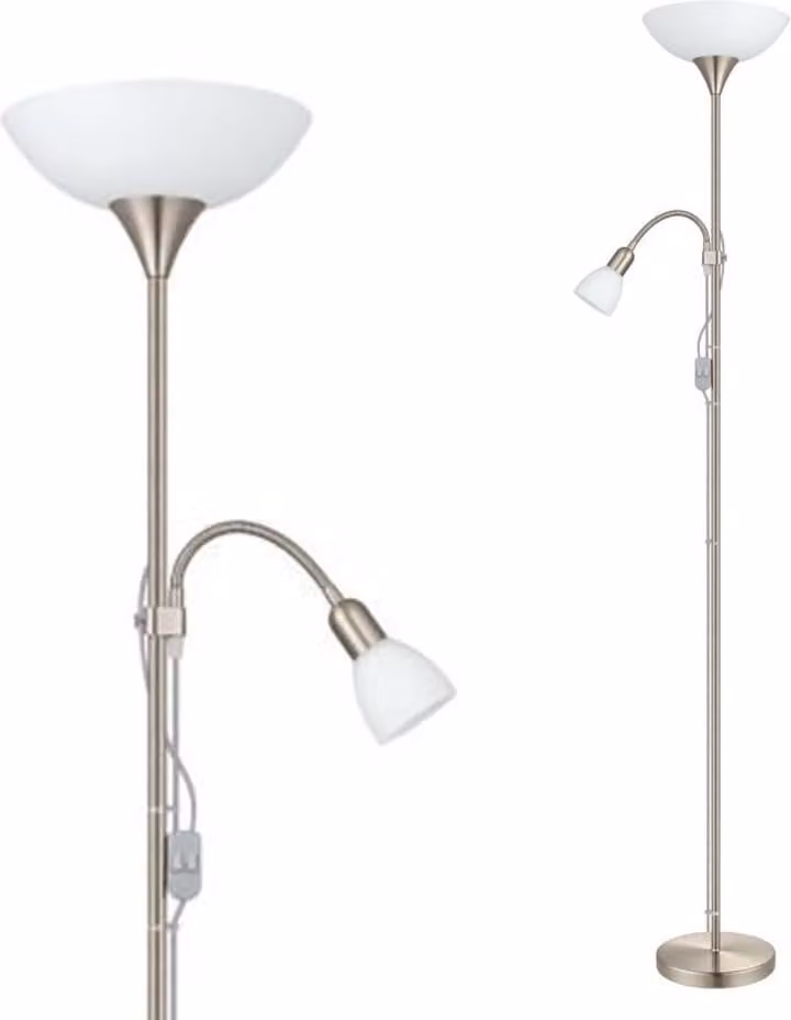 Lámpara de pie Eglo Up para salón o dormitorio, diseño moderno en blanco y gris con materiales de metal, plástico y vidrio, casquillo E27, IP20 y Clase II