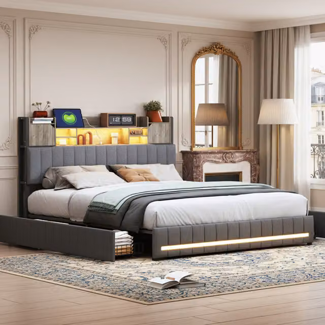 Cama con Canapé Abatible NAHILIMI Tapizada en Lino Gris con Cabecero con Almacenaje, Estación de Carga USB e Iluminación LED, An/P: 140 x 190 cm