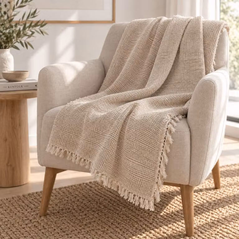 Plaid Zaibi de algodón beige con diseño escandinavo de Donegal Collections An/P: 300 x 260 cm