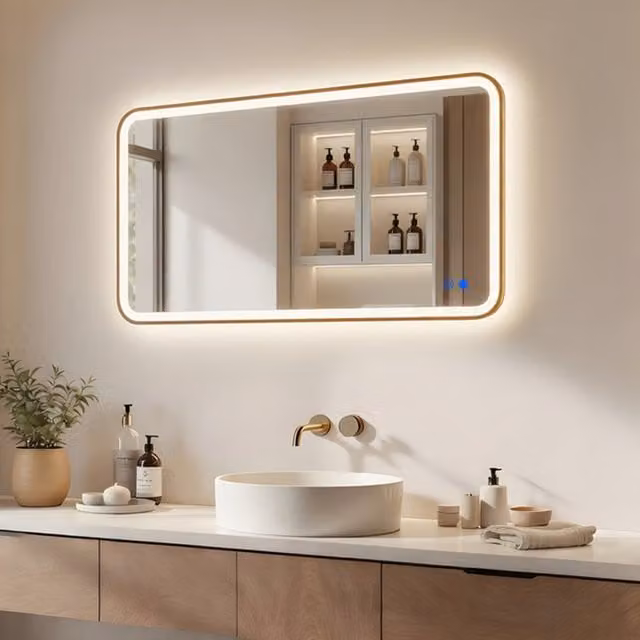 Espejo LED de baño Artforma rectangular con bordes redondeados, color oro cepillado, con luz dual, interruptor táctil y función antivaho, An/P/Al: 120 x 70 cm