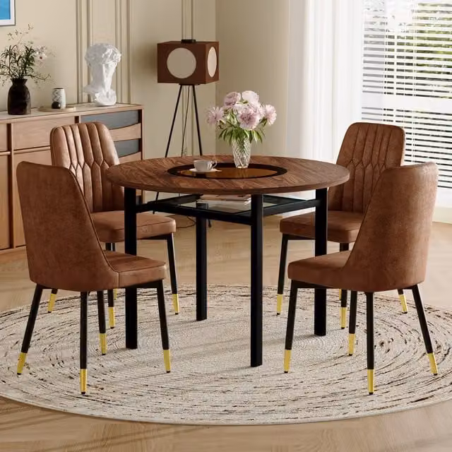 Conjunto de mesa de comedor redonda Stilvora de 100 cm con 4 sillas en color marrón y negro