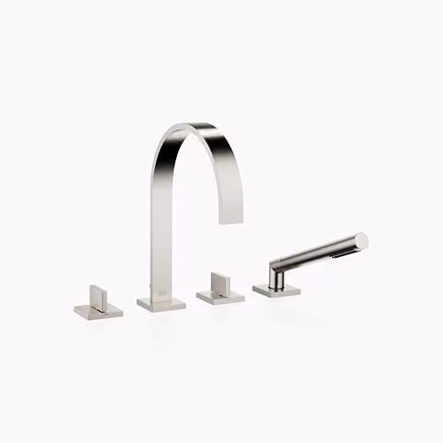 Mezclador de bañera Dornbracht MEM de cuatro agujeros con set de ducha y función de pulverización, color plata con acabado níquel cepillado, proyección 220 mm, 27532782-06