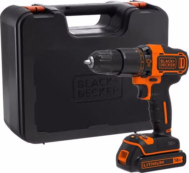 Taladro percutor sin cable Black+Decker 18V con batería de litio 1,5Ah, cargador y maletín de transporte en color negro