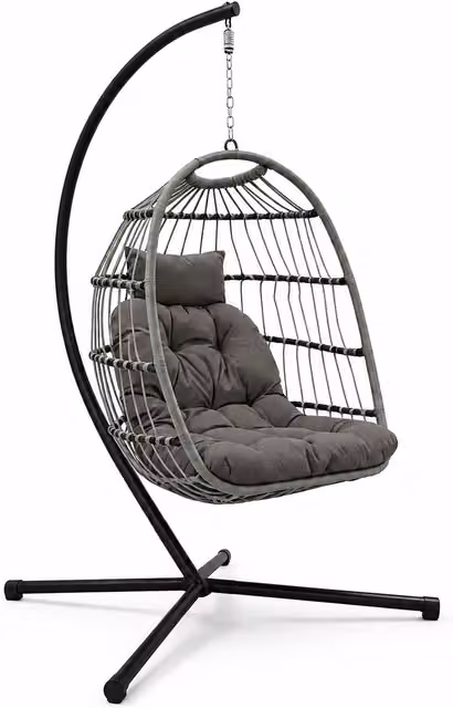 Sillón colgante huevo LORVIK para jardín y terraza con cojines acolchados y estructura de acero gris y negro An/P/Al: 107 x 98 x 193 cm