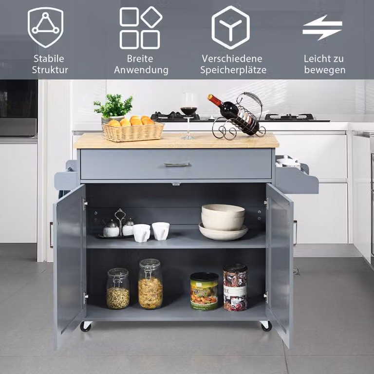 Carrito de cocina tipo isla Northix con ruedas y estantería para almacenamiento, color gris y madera, An/P/Al: 116 x 40 x 85 cm