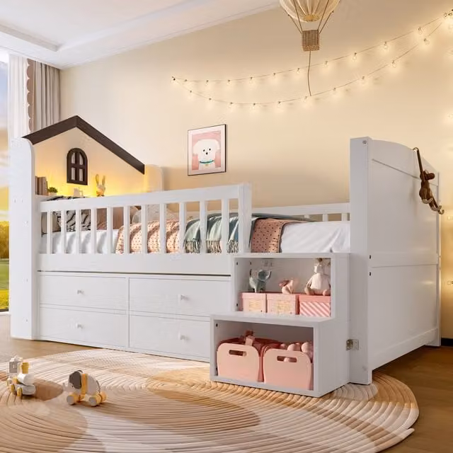 Cama infantil semi alta Mivray de madera de pino blanca con iluminación LED, 4 cajones y escalera con estantes, 90x200 cm