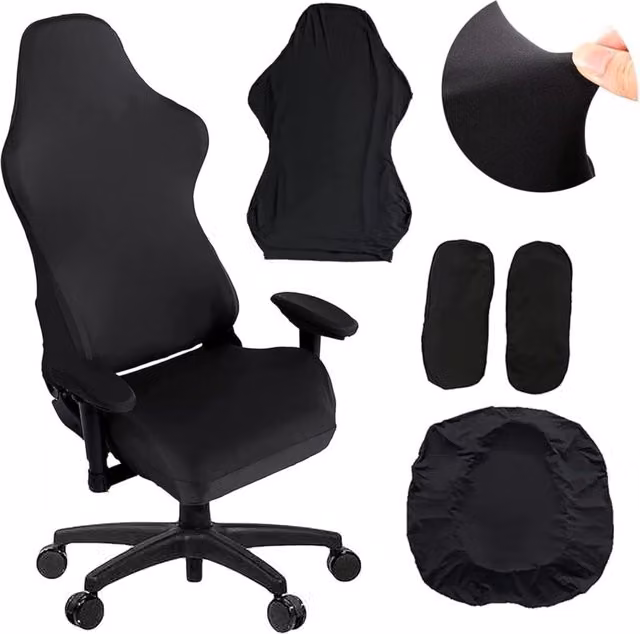Juego de 4 fundas para sillas gaming Elle en color negro, fabricadas en 85% poliéster y 15% elastano, lavables a máquina