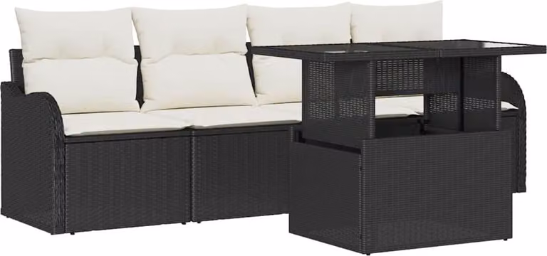 Conjunto de sofá de jardín Syfax de 5 piezas en poliratán negro con cojines y mesa de centro para terraza
