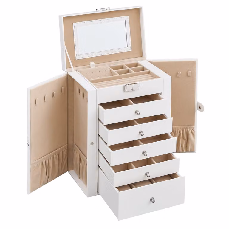 Caja joyero Songmics de 6 niveles en color blanco con acabado de madera y textil, An/P/Al: 32,0 x 26,0 x 15,6 cm
