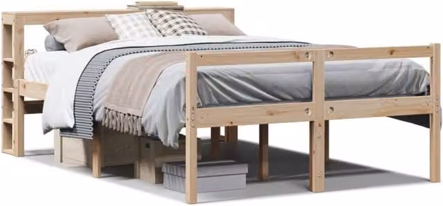 Cama para personas mayores SYFAX con cabecero de madera maciza de pino y compartimentos laterales, color beige, An/P/Al: 140 x 190 cm