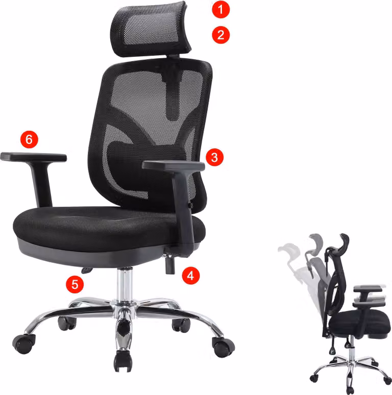 Silla de oficina ergonómica Mendler con reposacabezas y reposabrazos en color negro