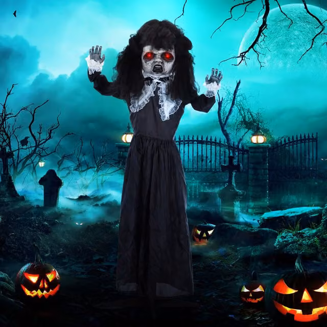 Muñeca de terror HOMCOM para decoración de Halloween con ojos rojos, sonidos espeluznantes y articulaciones, Altura: 160 cm, colores negro y rojo