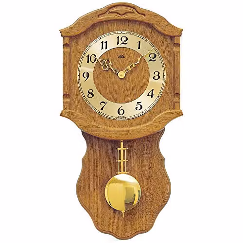 Reloj de pared de cuarzo AMS con péndulo, diseño rústico en madera y metal, multicolor marrón y dorado, An/Al/P: 50 x 27 x 8 cm