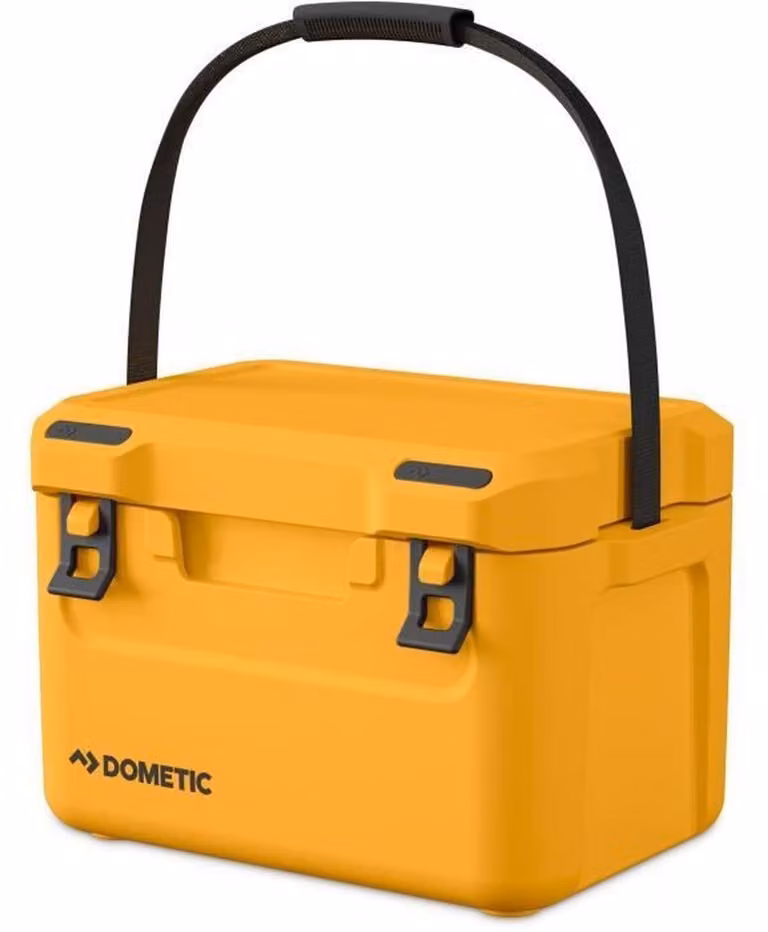 Nevera portátil aislada Dometic Cool Ice CI 15 de 15 litros en color naranja y amarillo