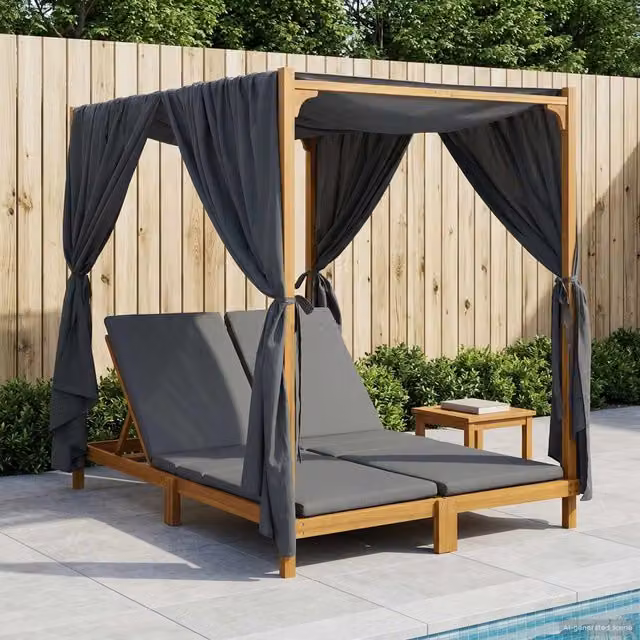 Tumbona doble con toldo y cortinas de madera de acacia gris vidaXL