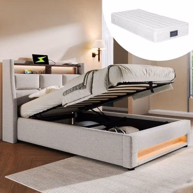 Cama Individual Tapizada KELLANY con Iluminación LED, Puerto USB y Somier de Láminas, Estructura de Lino y Metal, Incluye Colchón, An/P/Al: 90 x 200 x 41 cm