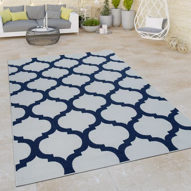 Alfombra Paco Home de tejido plano con diseño marroquí en 3D para interior y exterior, color blanco y azul, An/P: 160 x 230 cm