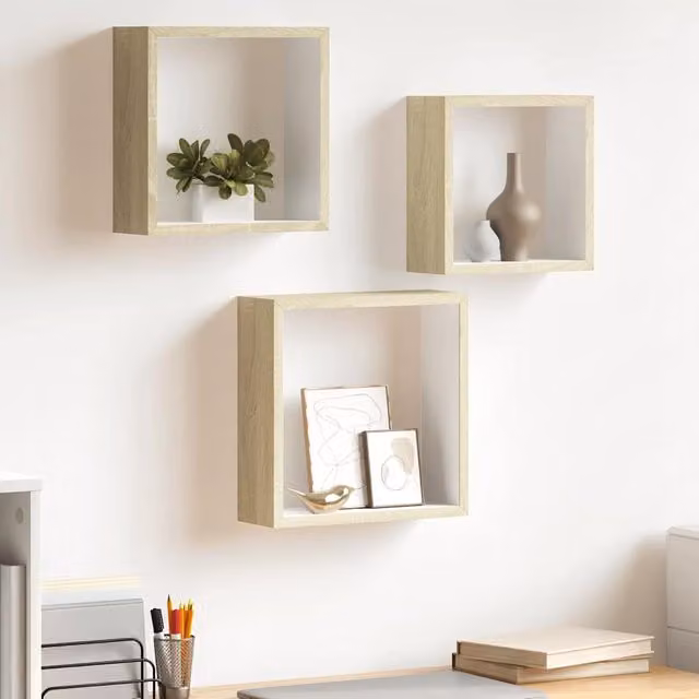 Set de 3 estantes de pared tipo cubo vidaXL en blanco y roble Sonoma