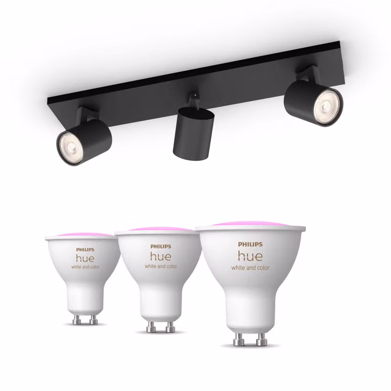 Pack Philips Hue con 3 focos Runner negros y 2 bombillas LED GU10 RGB